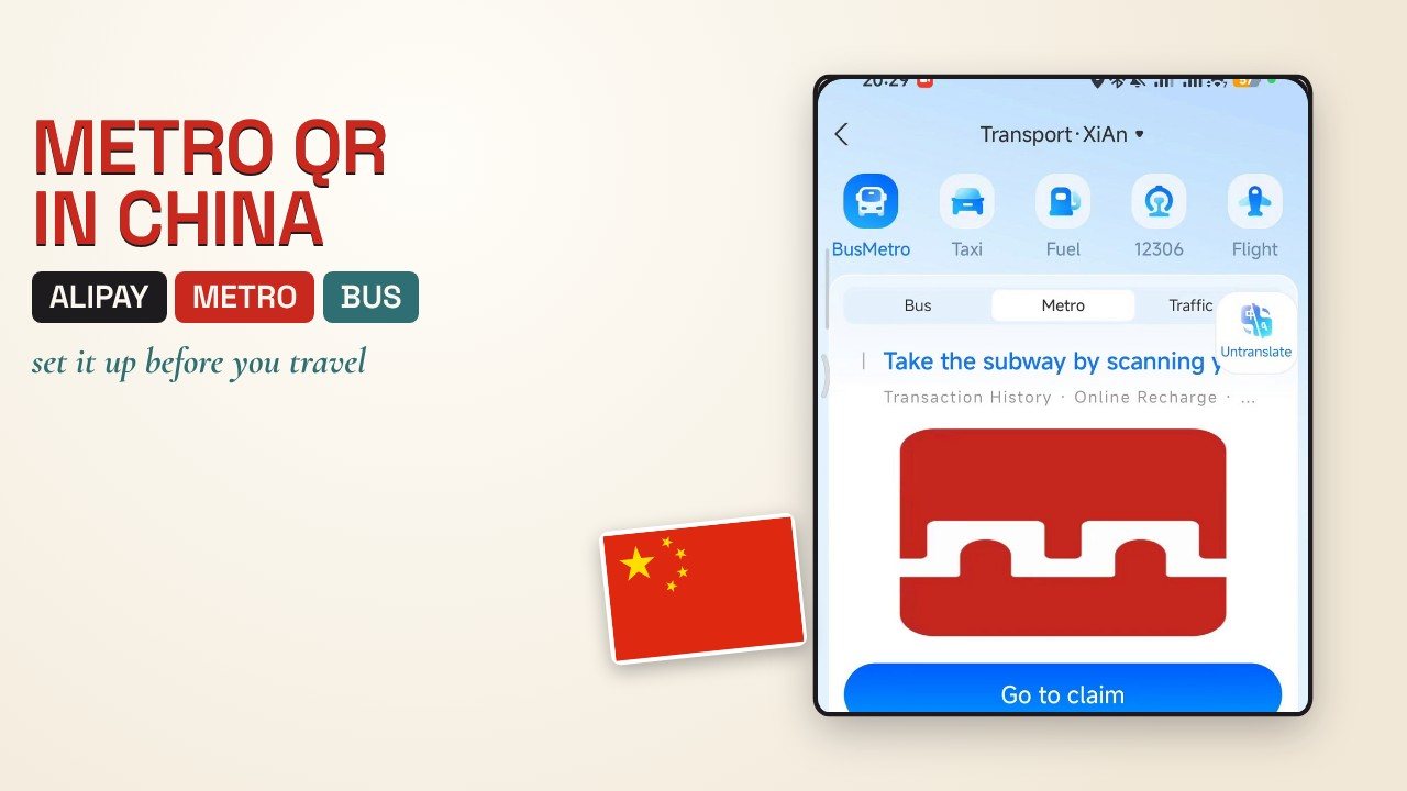 Cover: Metro QR in China with the chips Alipay, Metro and Bus, the line set it up before you travel, a phone showing the Alipay Transport screen and a China flag sticker