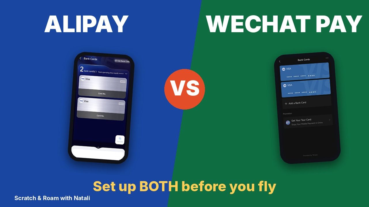Cover: Alipay versus WeChat Pay on a split blue and green background with a VS circle, two phone screens showing each app Bank Cards page and the line Set up BOTH before you fly
