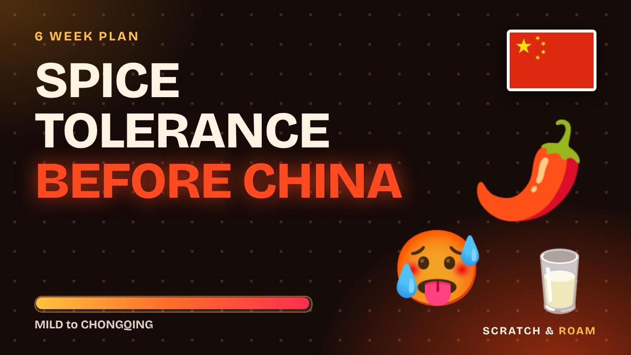 Cover: the title Spice tolerance before China in white and orange on a dark ember background, a heat bar, a hot-faced emoji, a chilli, a glass of milk and a China flag sticker