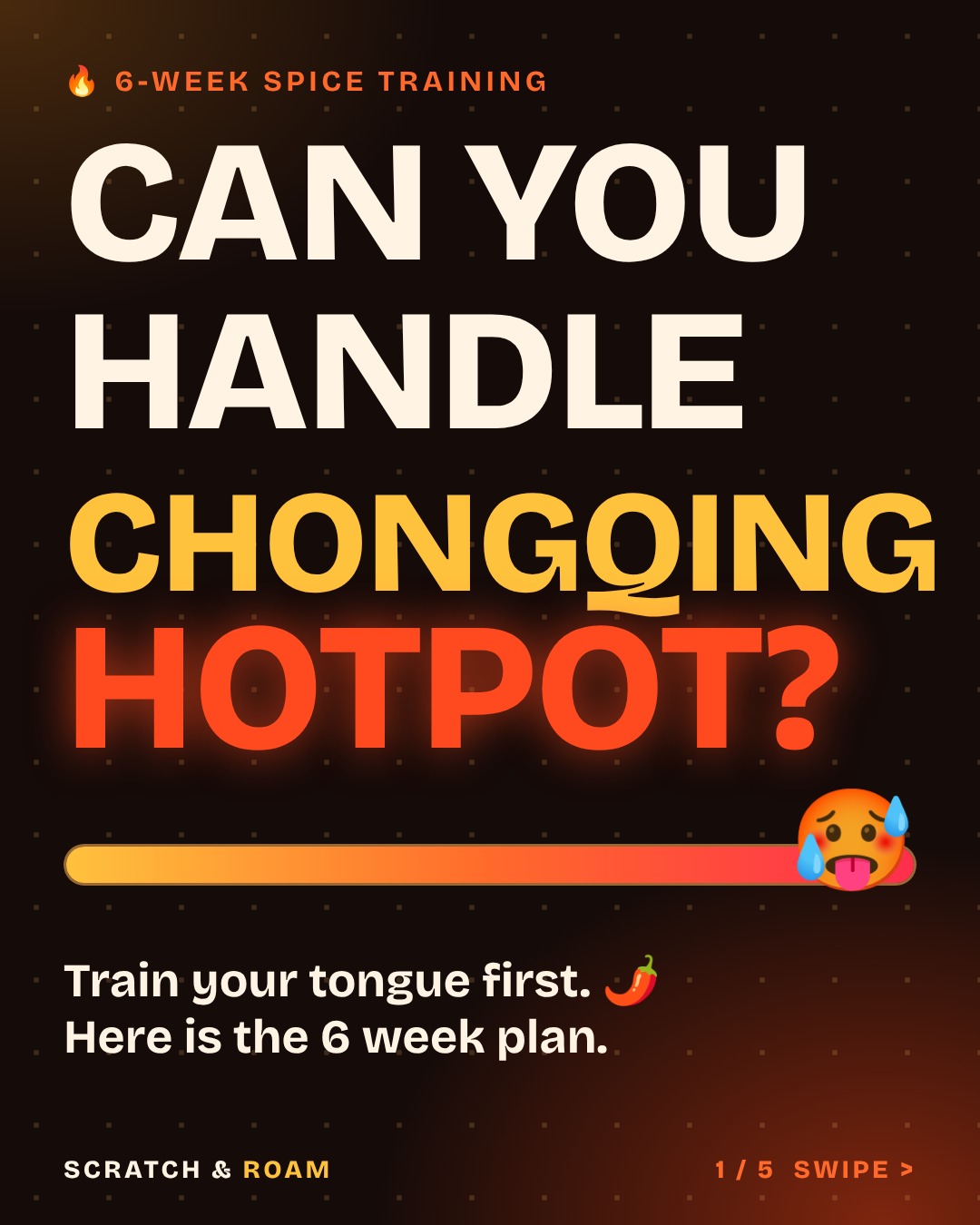 Slide 1: Can you handle Chongqing hotpot, with a heat bar filling from mild to Chongqing and a hot-faced emoji at the end