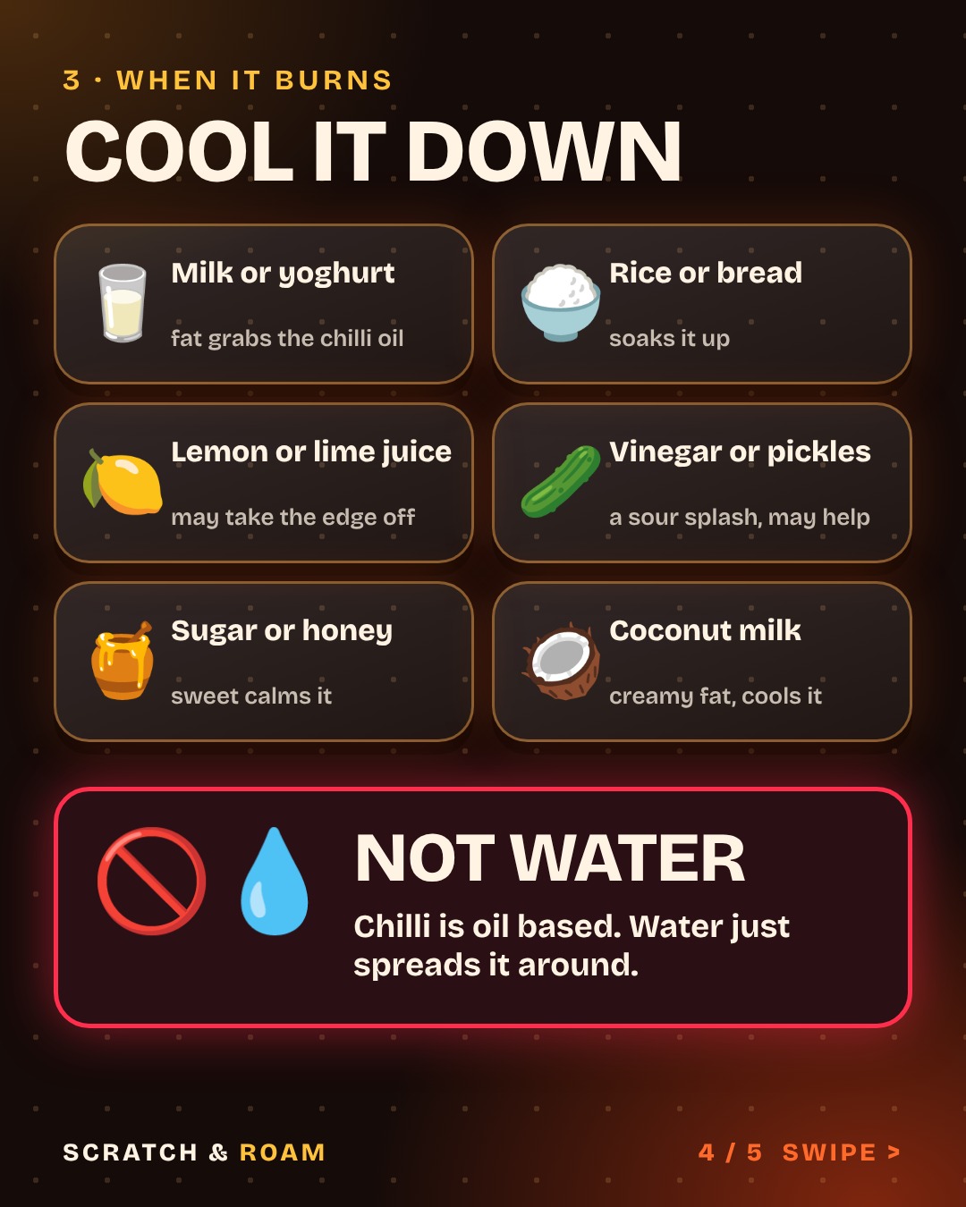 Slide 4: six foods that cool the burn, milk, rice, lemon or lime, vinegar or pickles, honey and coconut milk, and a red box saying not water