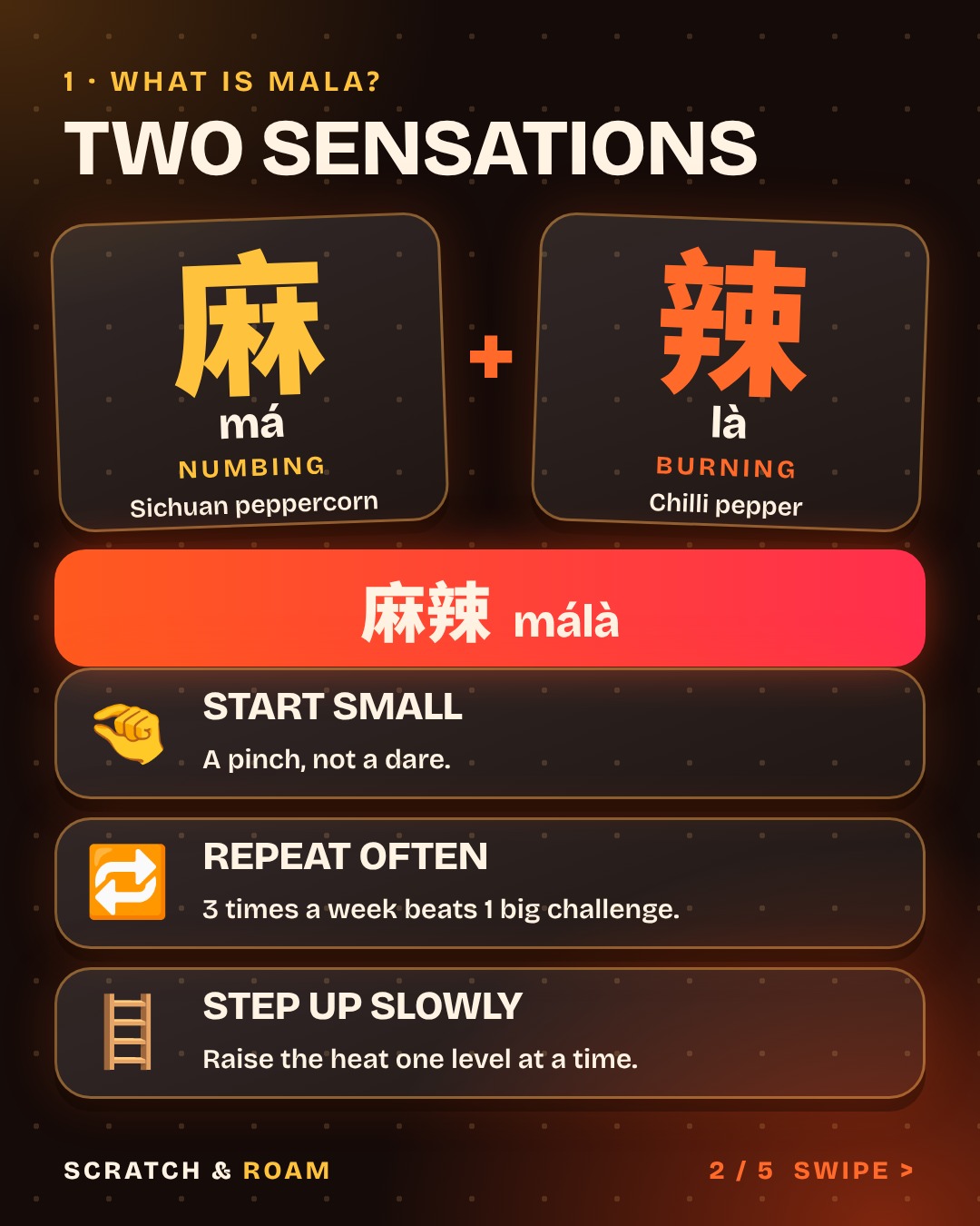 Slide 2: the characters 麻 má numbing and 辣 là burning joined into 麻辣 málà, with three rules: start small, repeat often, step up slowly