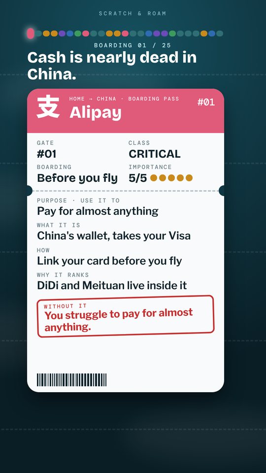 Frame from the Short: the Alipay boarding pass, gate 01, class critical, 5 of 5, with the red stamp You struggle to pay for almost anything