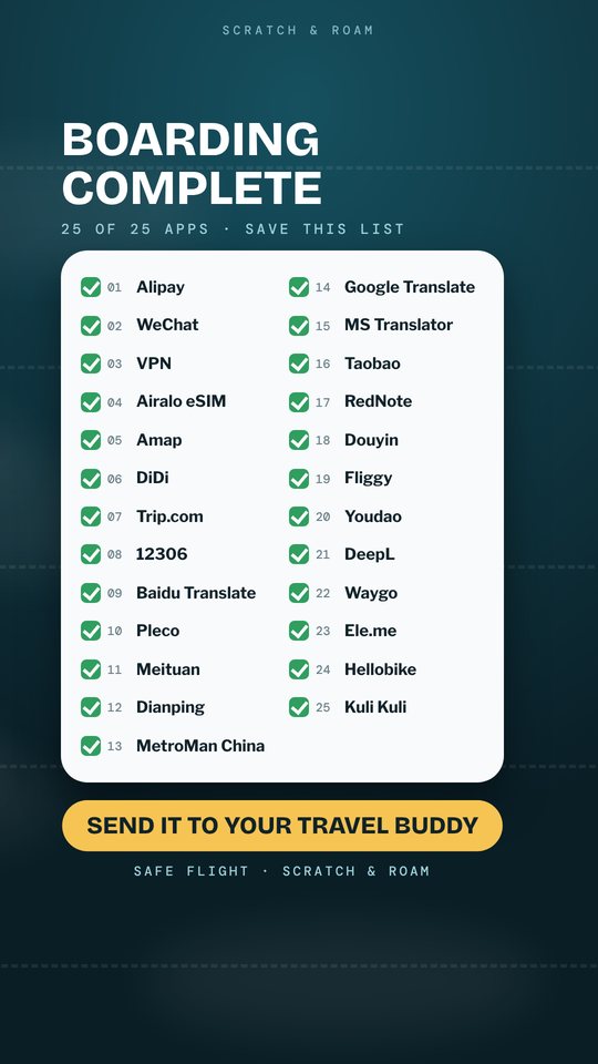 Frame from the Short: Boarding complete, a checklist of all 25 apps ticked, and a button reading send it to your travel buddy