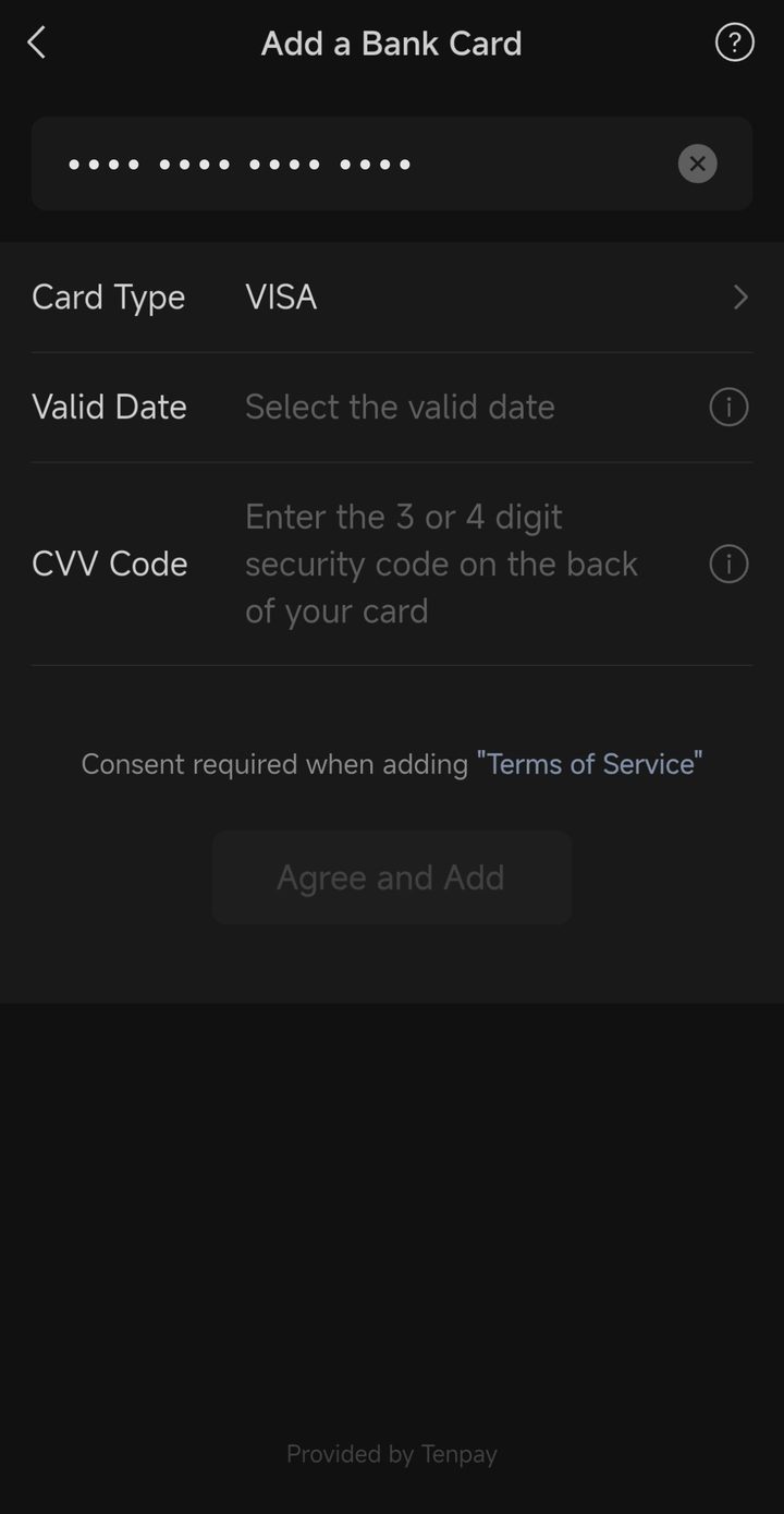 WeChat Add a Bank Card form with the card number hidden, card type VISA, a Valid Date field, a CVV Code field and a greyed Agree and Add button