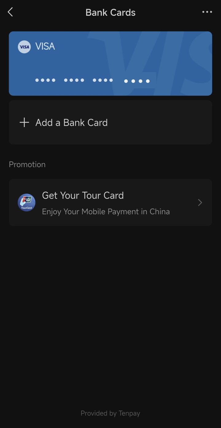 WeChat Bank Cards page with one blue Visa card, last digits hidden, an Add a Bank Card row and a Get Your Tour Card promotion