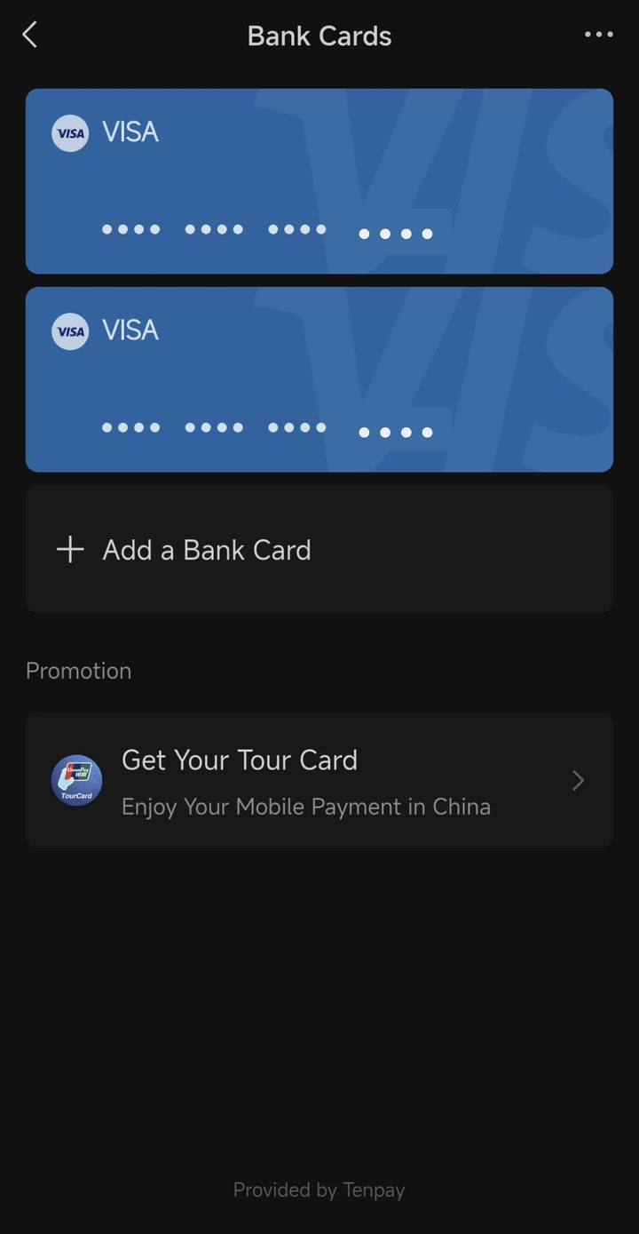 WeChat Bank Cards page now showing two blue Visa cards, last digits hidden