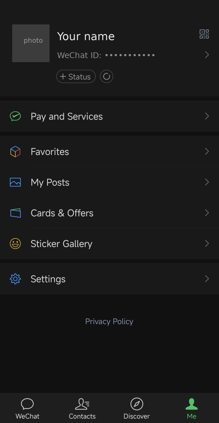 WeChat Me tab with the Pay and Services row, Favorites, My Posts, Cards and Offers, Sticker Gallery and Settings; profile photo, name and ID hidden