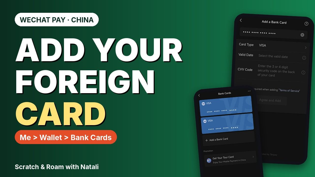 Cover: the title Add your foreign card with the path Me, Wallet, Bank Cards on a green background, next to two WeChat phone screens showing the Add a Bank Card form and the Bank Cards list