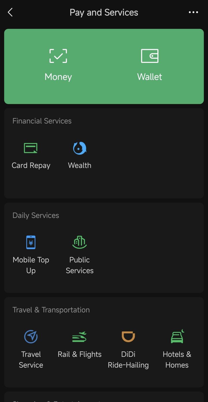 WeChat Pay and Services page with green Money and Wallet buttons, then Financial Services, Daily Services and Travel and Transportation sections