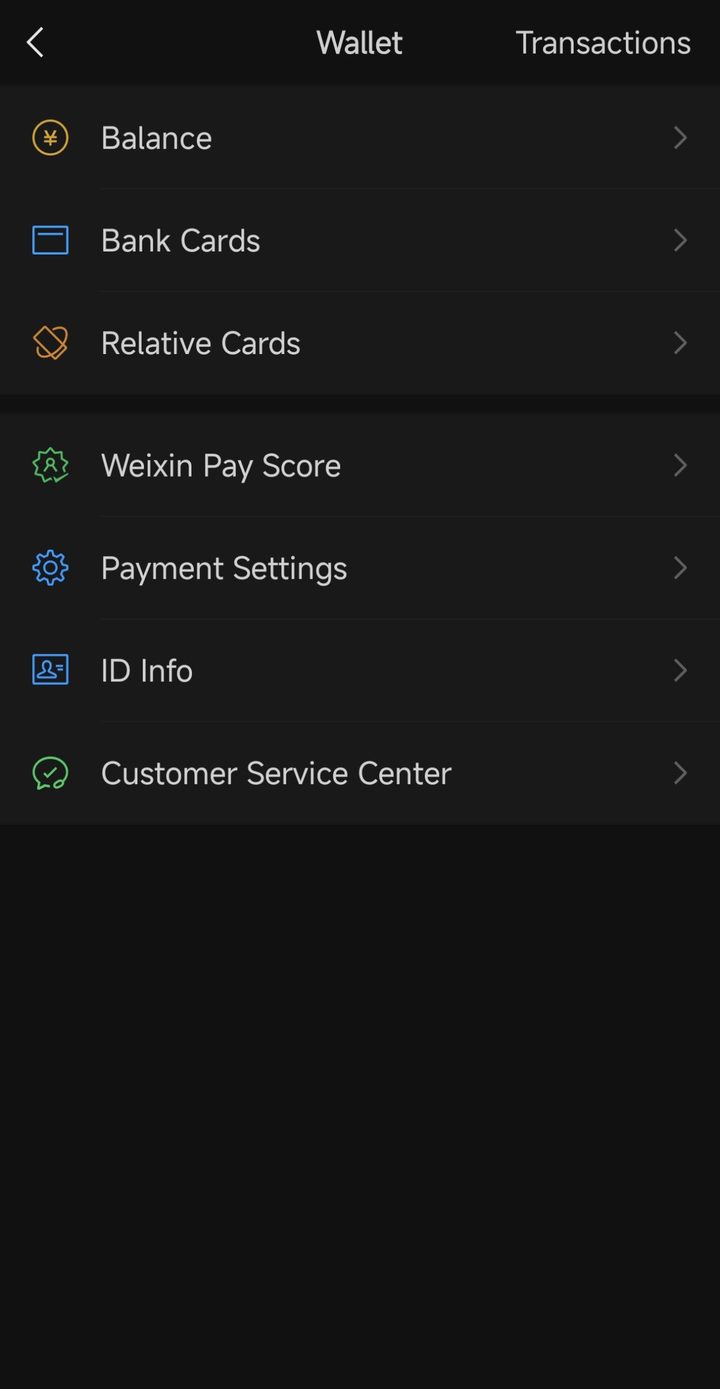 WeChat Wallet page listing Balance, Bank Cards, Relative Cards, Weixin Pay Score, Payment Settings, ID Info and Customer Service Center